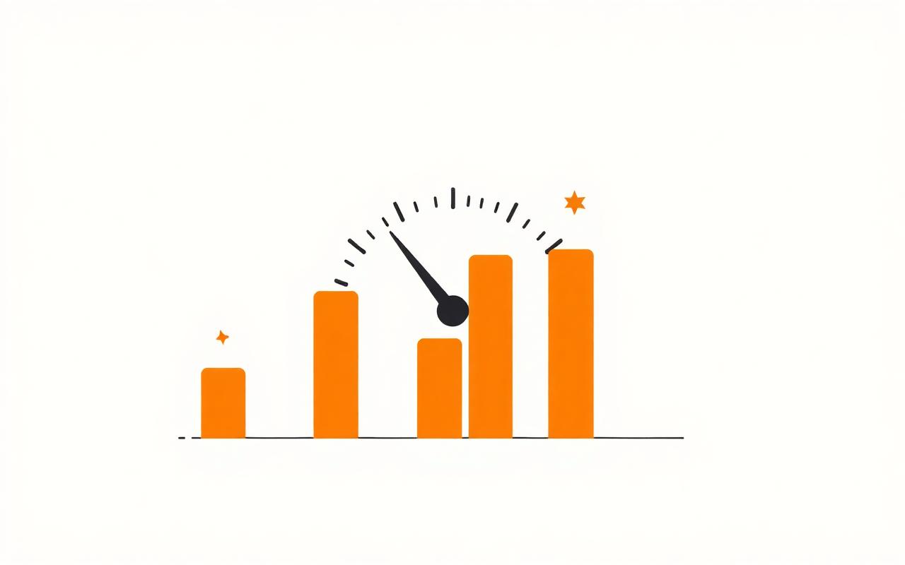 Minimal illustration of a speedometer over rising performance bars
