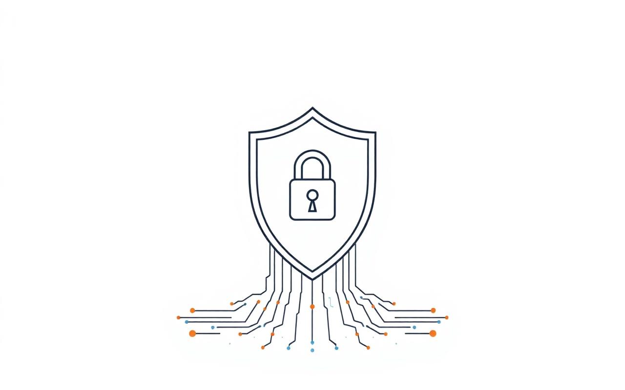 Minimal illustration of a shield and padlock over a circuit grid