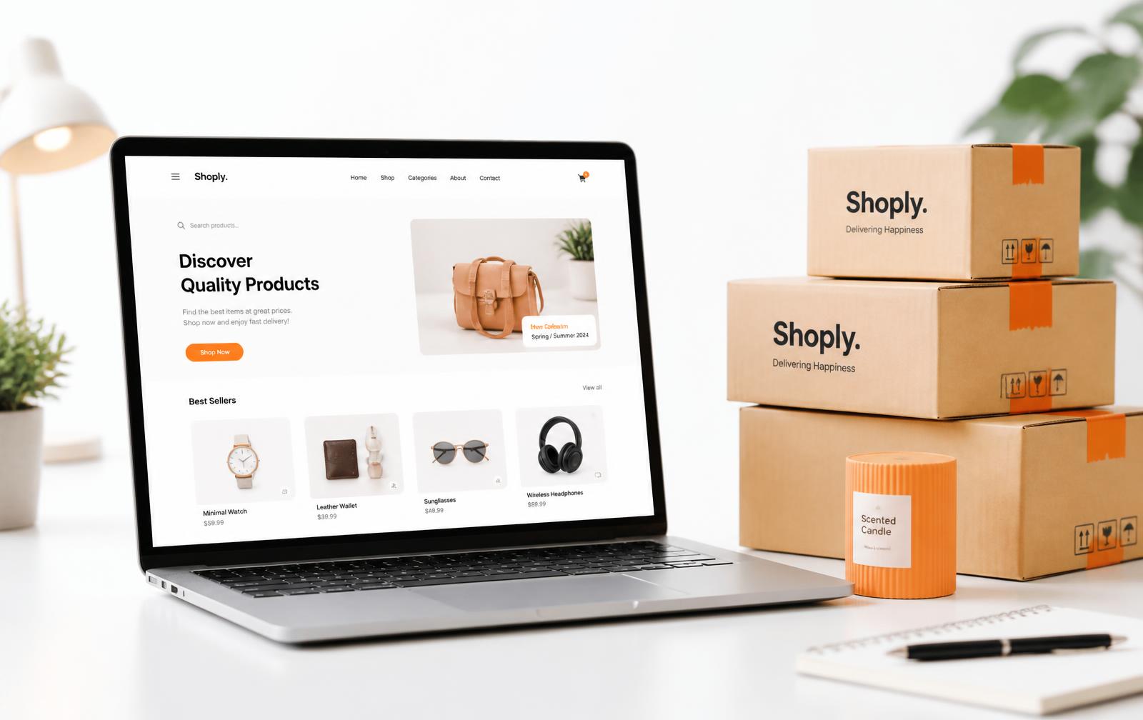 Online store product listing on a laptop beside packed shipping boxes